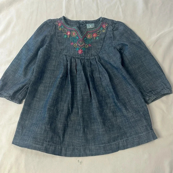 GAP - long sleeve denim style dress with embroidered flowers. Size 12-18 months - Picture 1 of 4